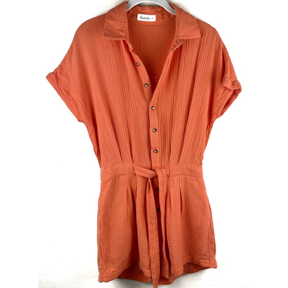 Paintcolors Cotton Gauze Orange Belted Romper Pockets Size S Comfort Button Up.
